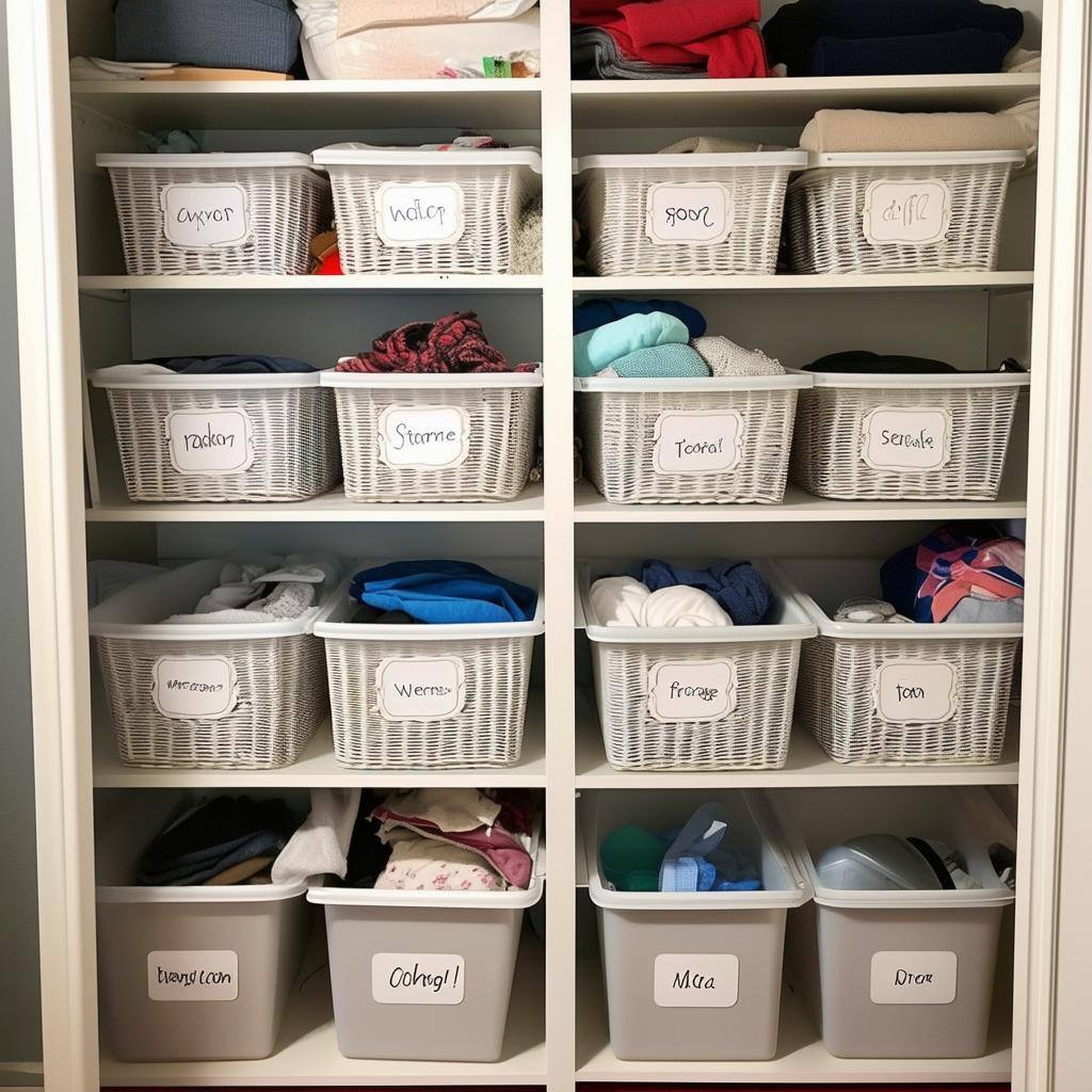 A messy closet transformed into a neat, organized one with labeled storage bins-1