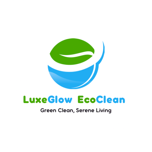 LuxeGlow EcoClean Logo - Elegant design with green and blue colors symbolizing eco-friendly and sustainable cleaning services