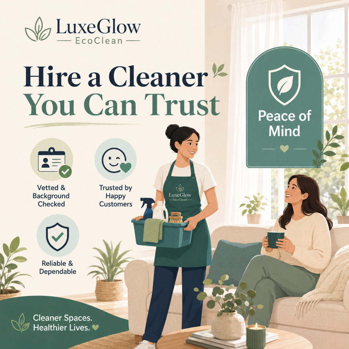 Homeowner speaking with a trusted professional house cleaner from LuxeGlow EcoClean in a bright Bel Air home