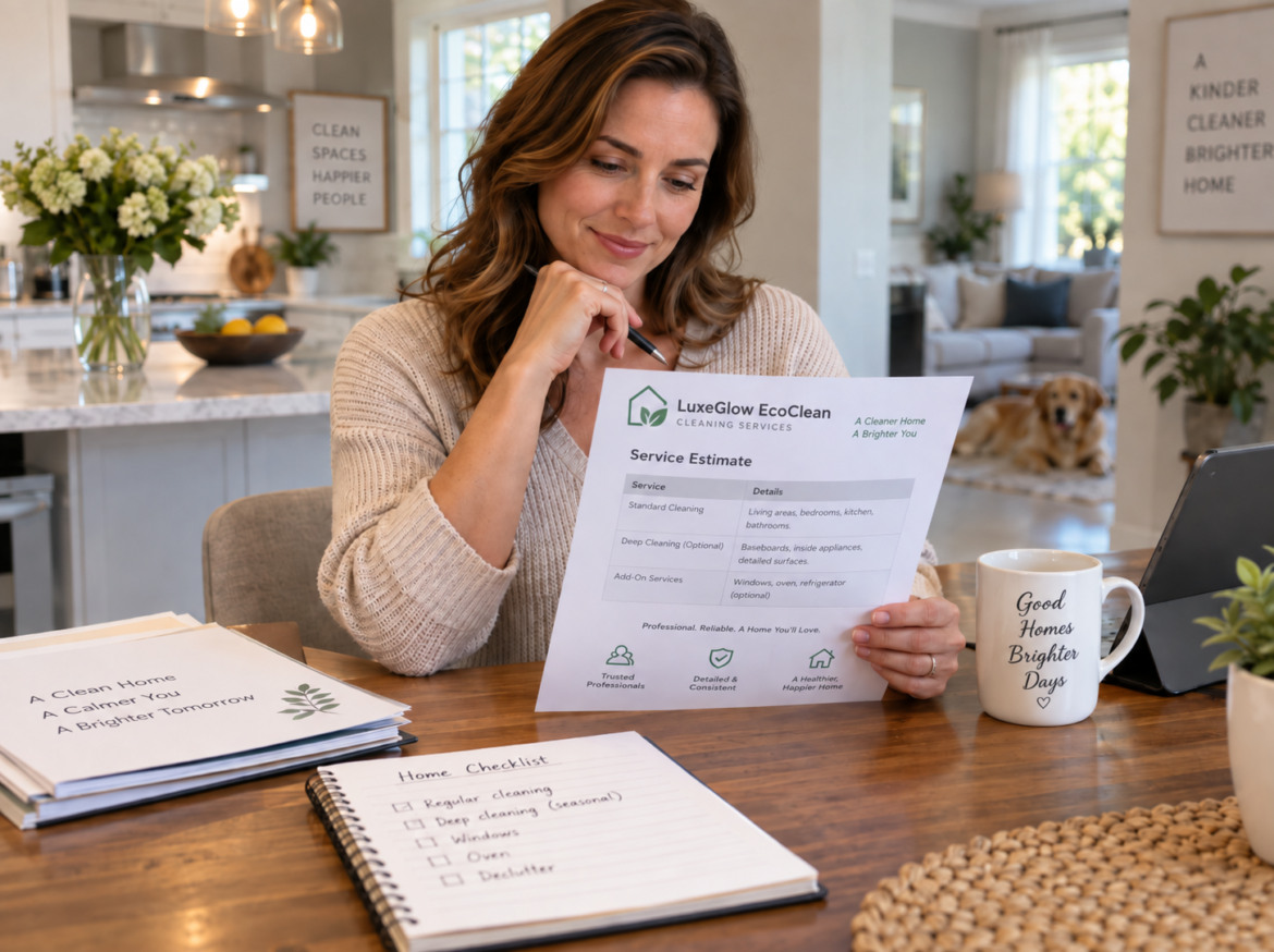 Homeowner reviewing a professional house cleaning quote at a table in a clean home.
