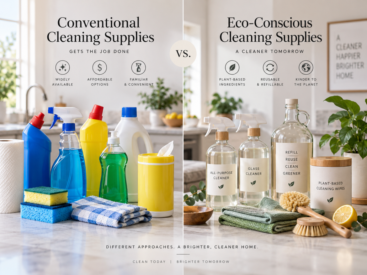 Eco-friendly and conventional household cleaning products compared side by side in a clean home.