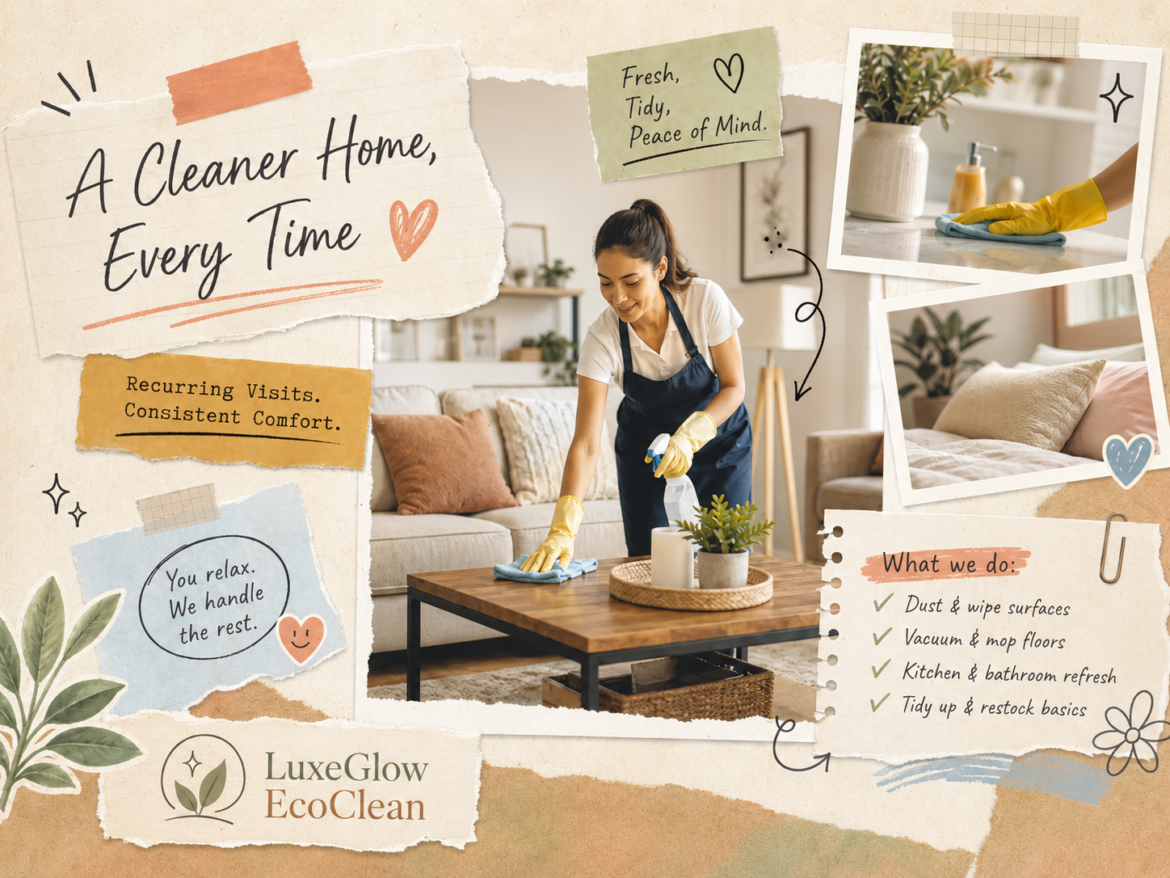 LuxeGlow EcoClean recurring house cleaning graphic showing a professional cleaner wiping a coffee table in a bright living room, with notes about consistent recurring visits and home maintenance.